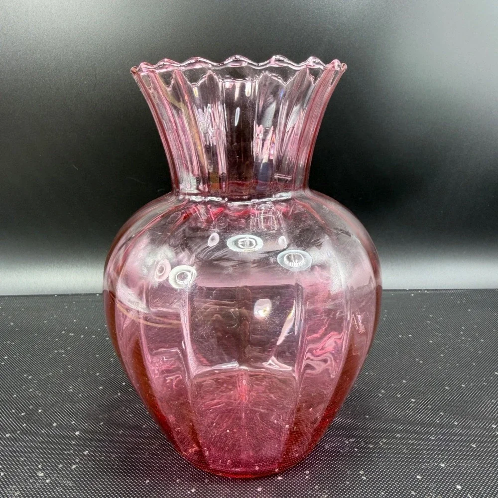 Vintage Pilgrim Glass Cranberry Pink Hand Blown Glass Vase Optic Rib Ruffled Rim
